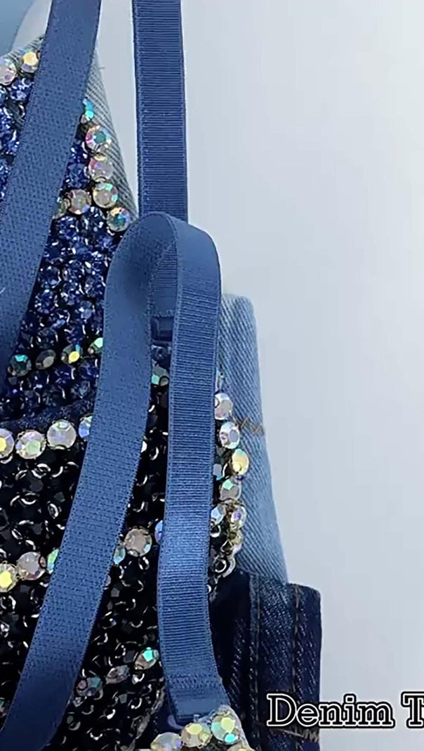 AIIZIE BOW-EMBELLISHED DENIM CROPPED TOP IN NAVY BLUE - product image