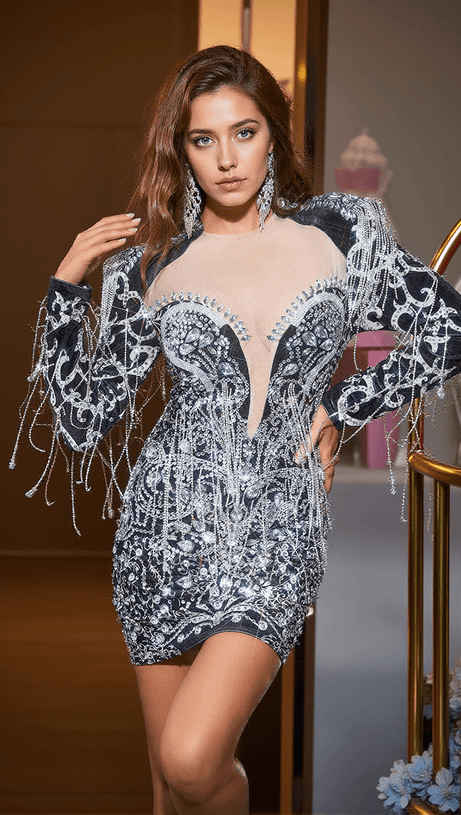 Elian – Langärmliges Minikleid mit Glitzer-Strass-Fransen