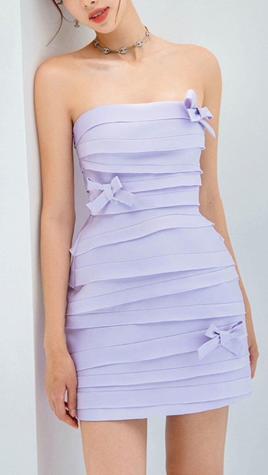 BOW-EMBELLISHED MINI DRESS IN LILAC