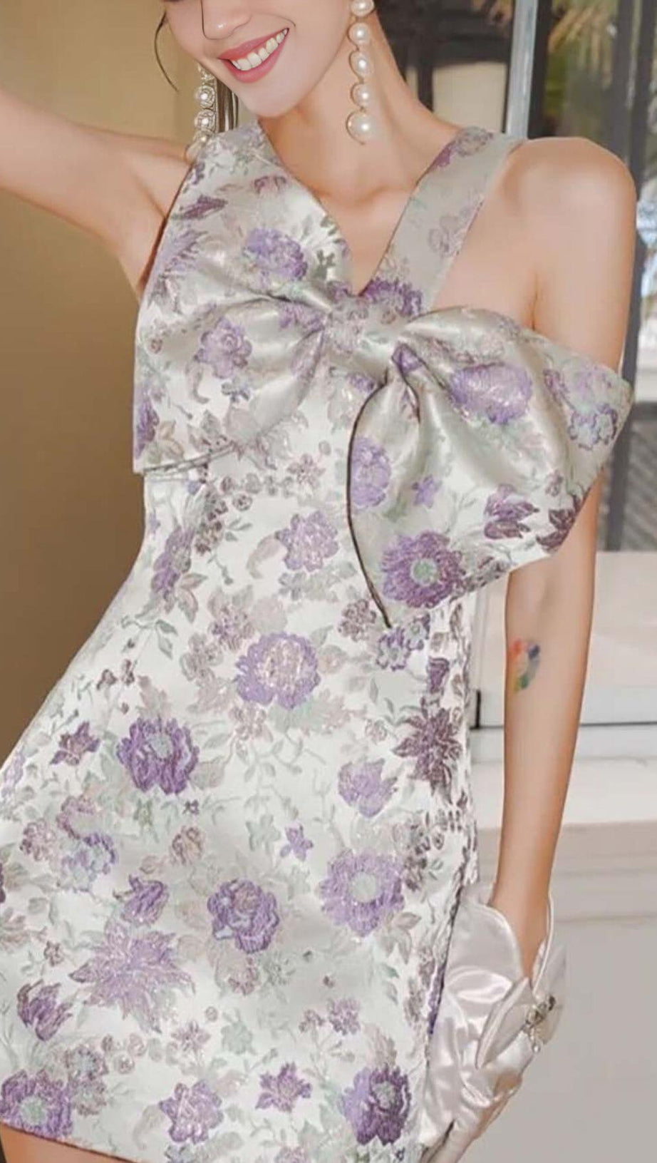 BOW-EMBELLISHED SUSPENDERS MINI DRESS