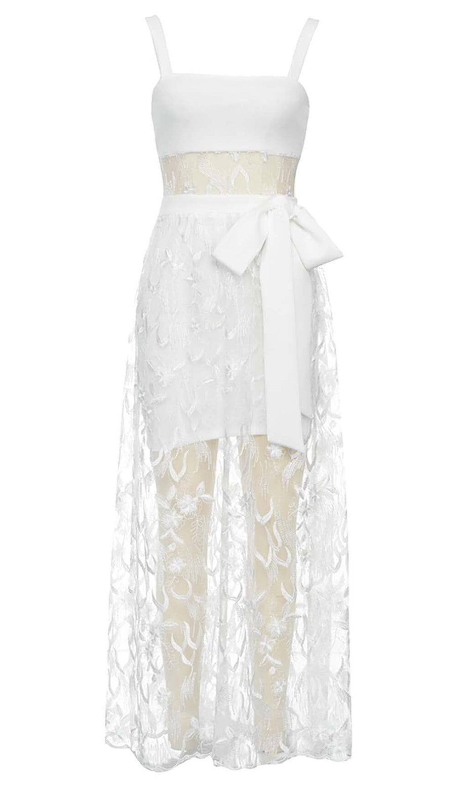 BOW-EMBELLISHED LACE MIDI DRESS IN WHITE