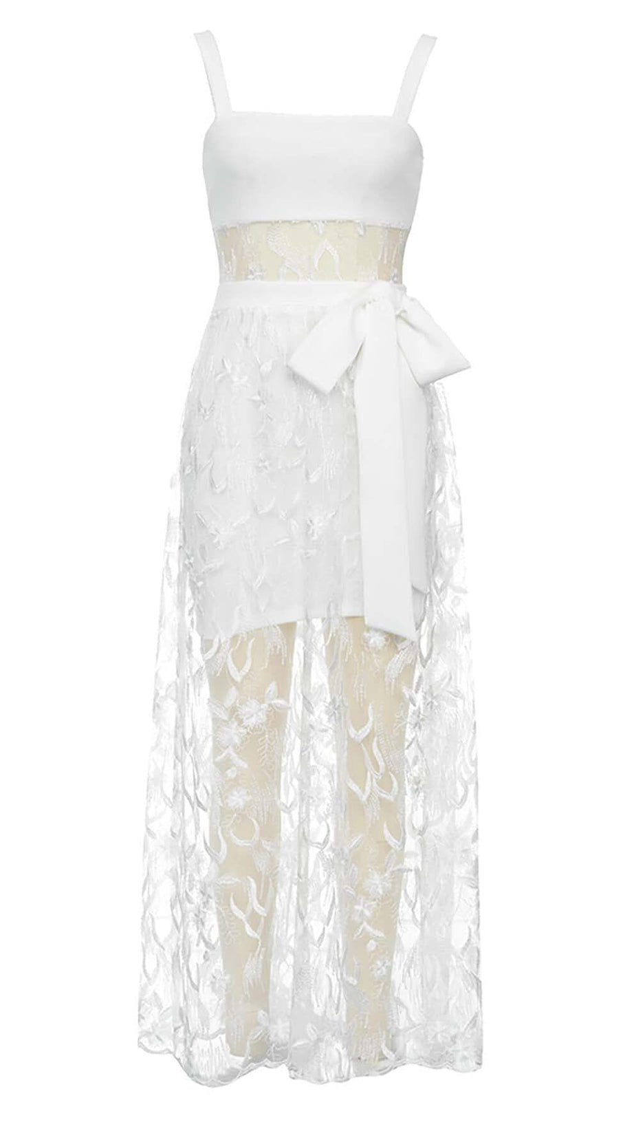 BOW-EMBELLISHED LACE MIDI DRESS IN WHITE