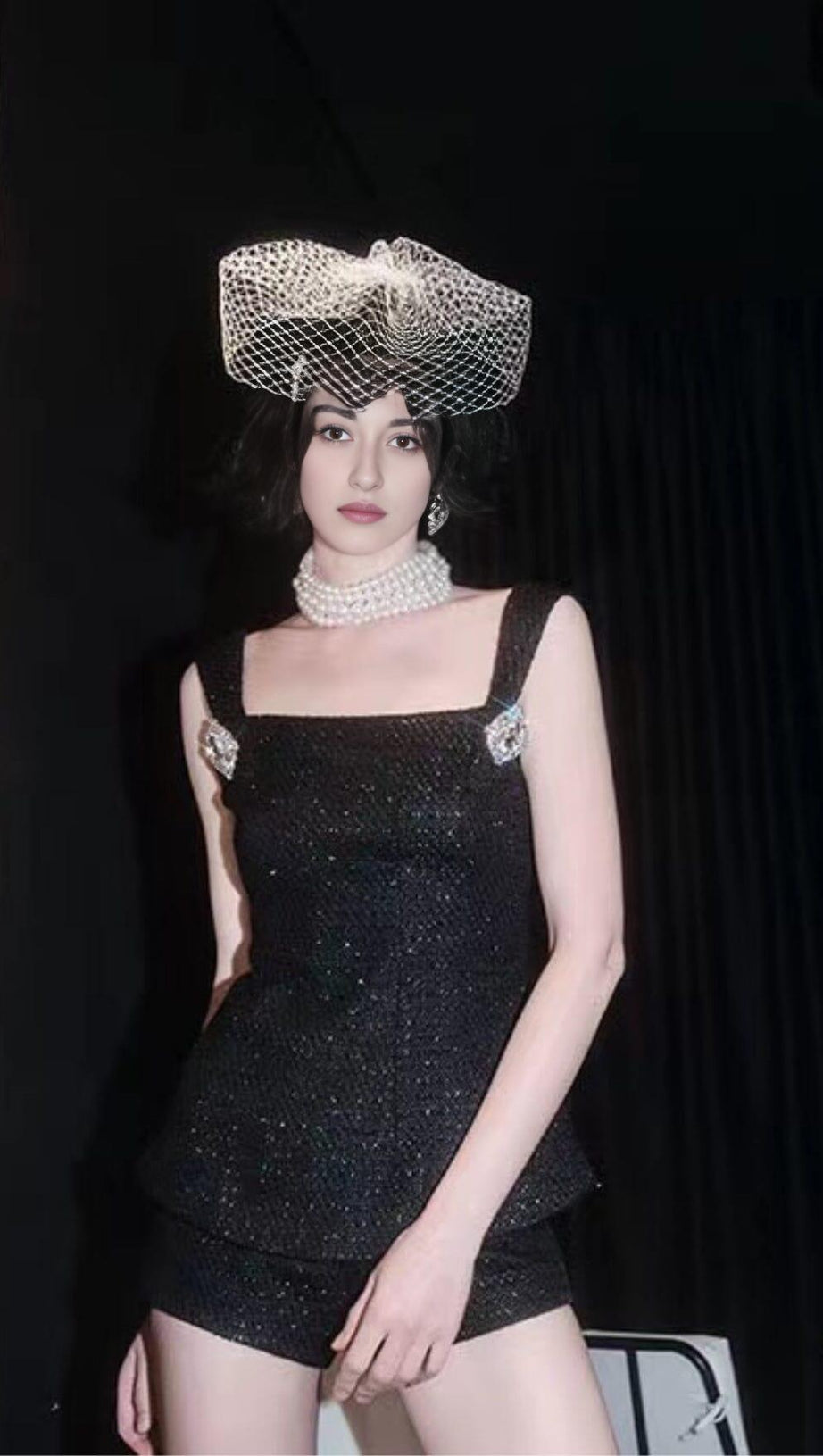 BOW-EMBELLISHED RHINESTONE MINI DRESS IN BLACK