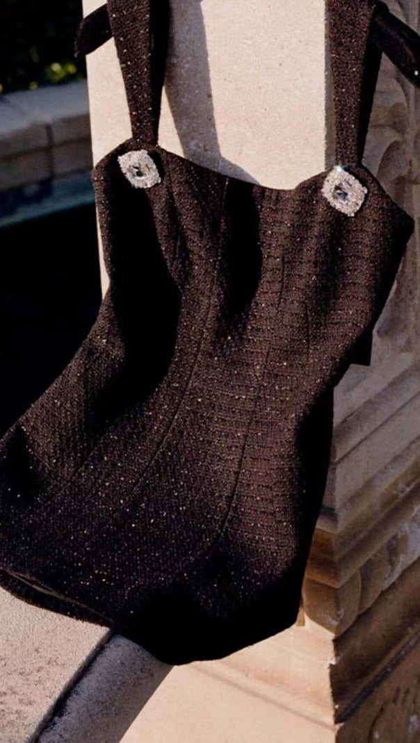 AIIZIE BOW-EMBELLISHED RHINESTONE MINI DRESS IN BLACK - product image
