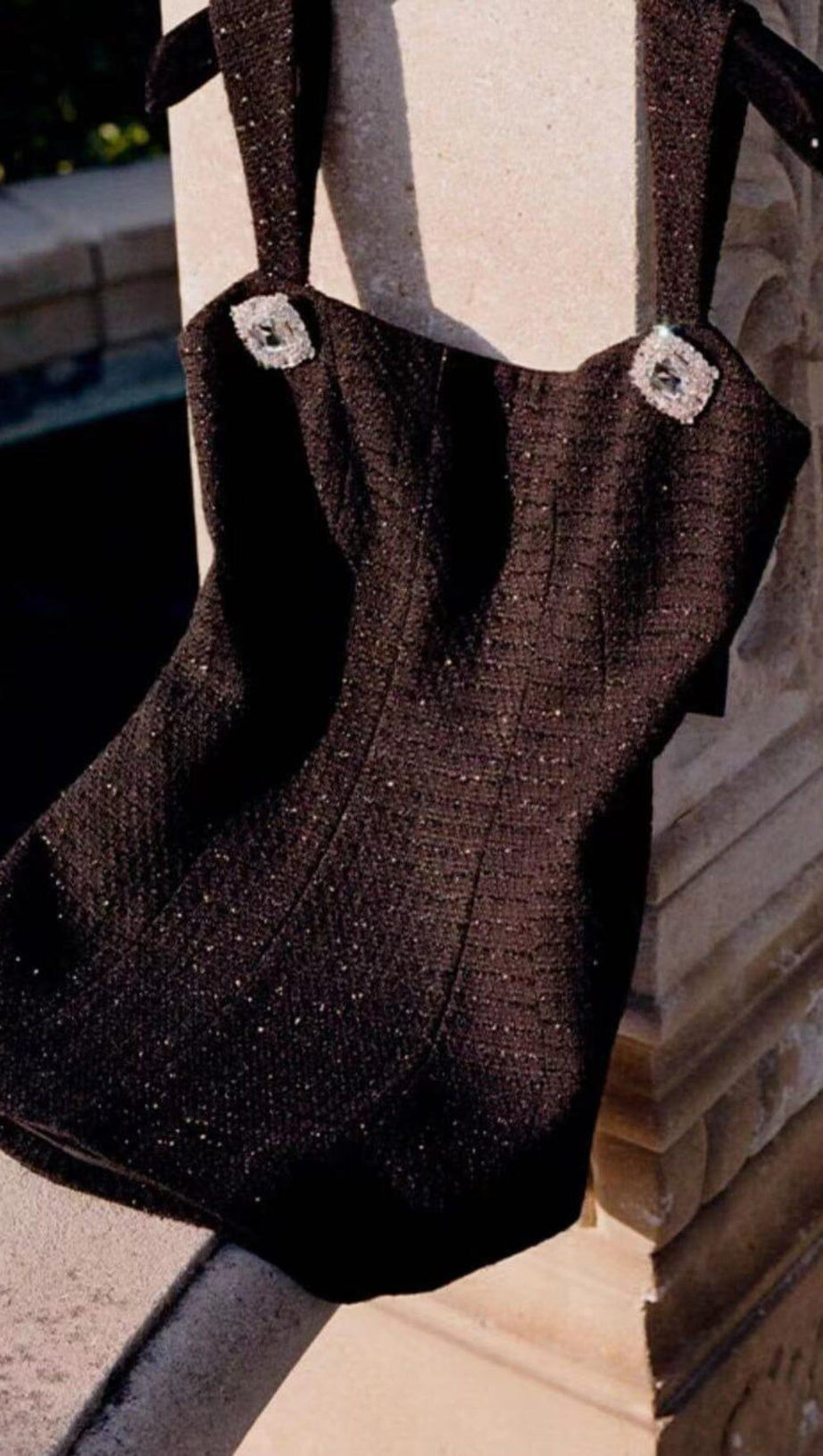 BOW-EMBELLISHED RHINESTONE MINI DRESS IN BLACK