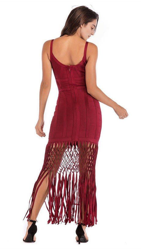 WINE DRAPED  MAXI BANDAGE DRESS