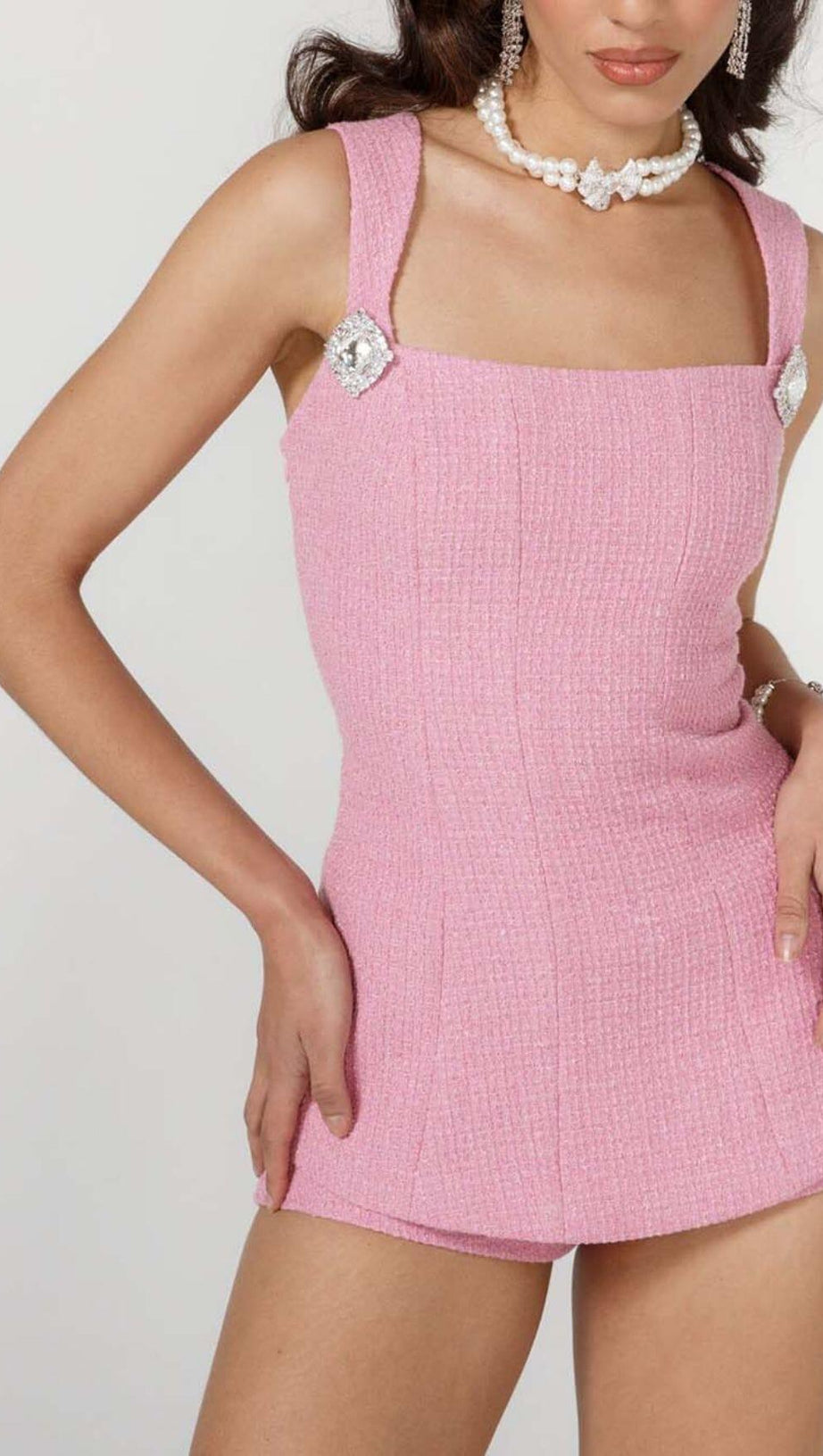 BOW-EMBELLISHED RHINESTONE MINI DRESS IN PINK