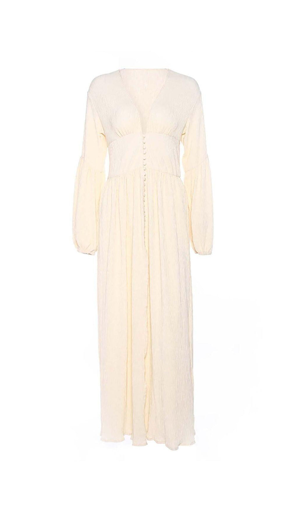 BUTTON-FRONT PUFFED SLEEVES MAXI DRESS IN BEIGE