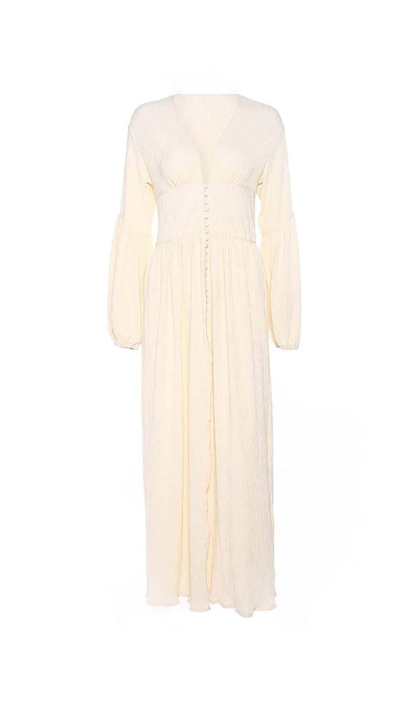 BUTTON-FRONT PUFFED SLEEVES MAXI DRESS IN BEIGE