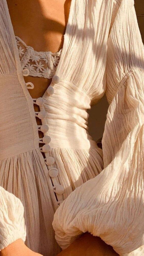 BUTTON-FRONT PUFFED SLEEVES MAXI DRESS IN BEIGE