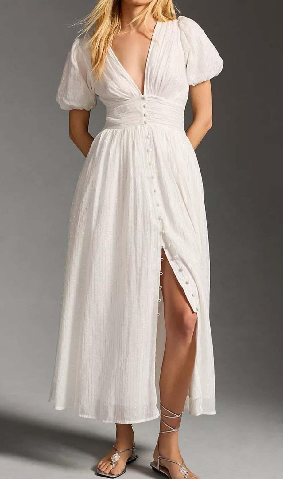 BUTTON-FRONT PUFFED SLEEVES MAXI DRESS IN WHITE