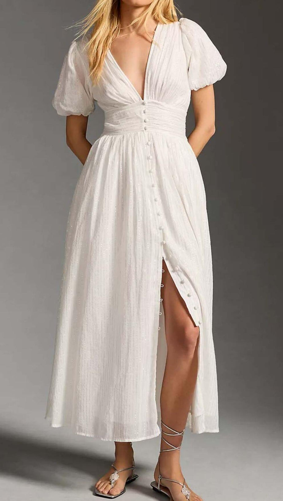 BUTTON-FRONT PUFFED SLEEVES MAXI DRESS IN WHITE