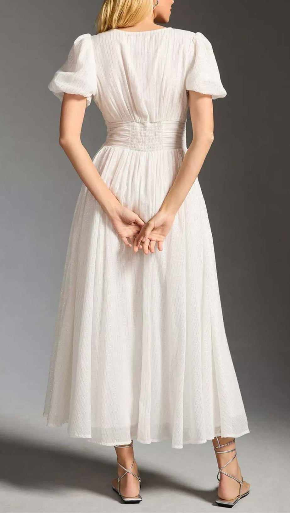 BUTTON-FRONT PUFFED SLEEVES MAXI DRESS IN WHITE