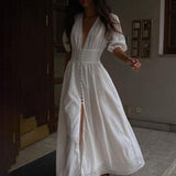 BUTTON-FRONT PUFFED SLEEVES MAXI DRESS IN WHITE