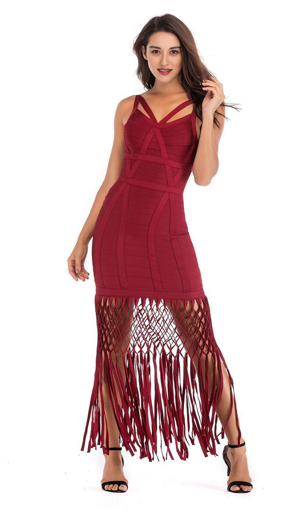 WINE DRAPED  MAXI BANDAGE DRESS