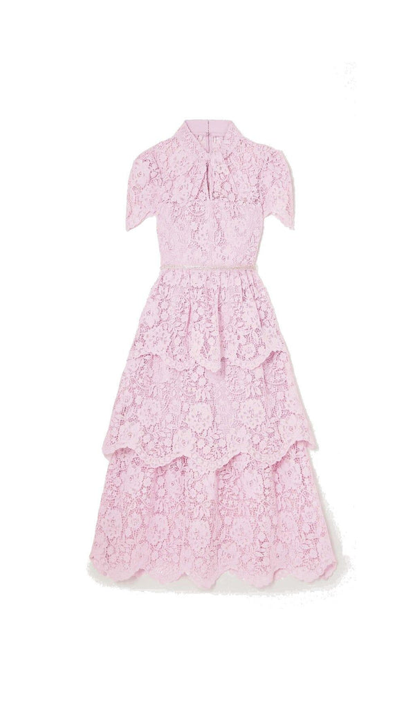 CORD LACE TIERED MIDI DRESS IN PINK