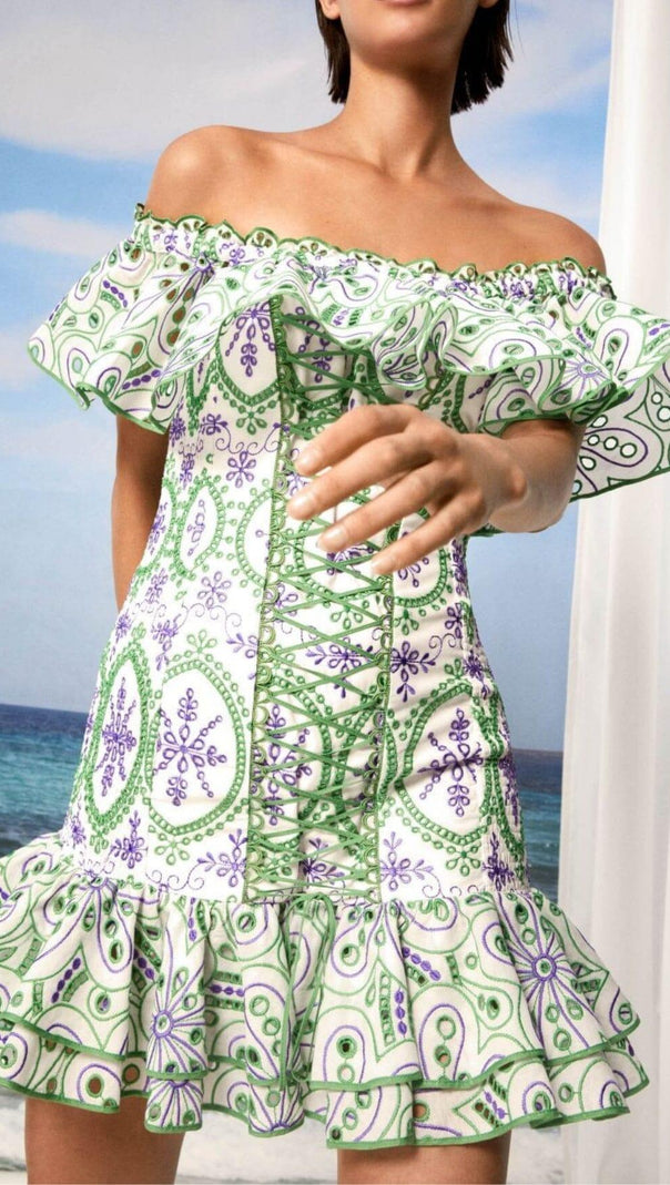 AIIZIE CORSET EMBROIDERED DRESS IN GREEN - product image