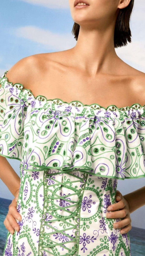 AIIZIE CORSET EMBROIDERED DRESS IN GREEN - product image