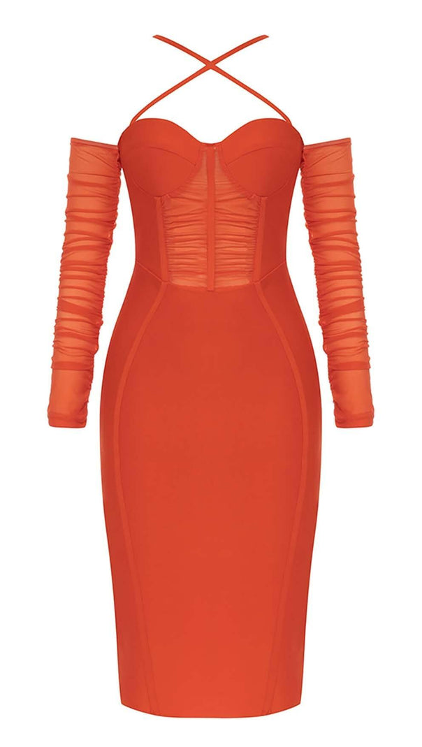 AIIZIE CORSET RUCHED MIDI DRESS IN RED - product image
