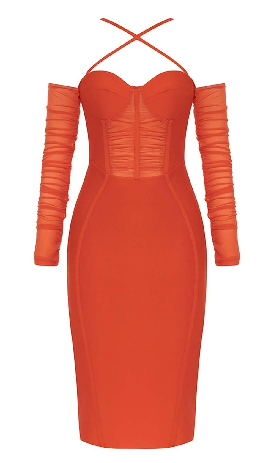 CORSET RUCHED MIDI DRESS IN RED