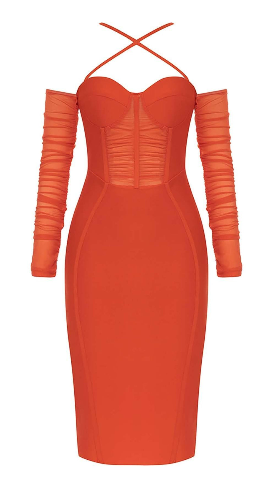 CORSET RUCHED MIDI DRESS IN RED