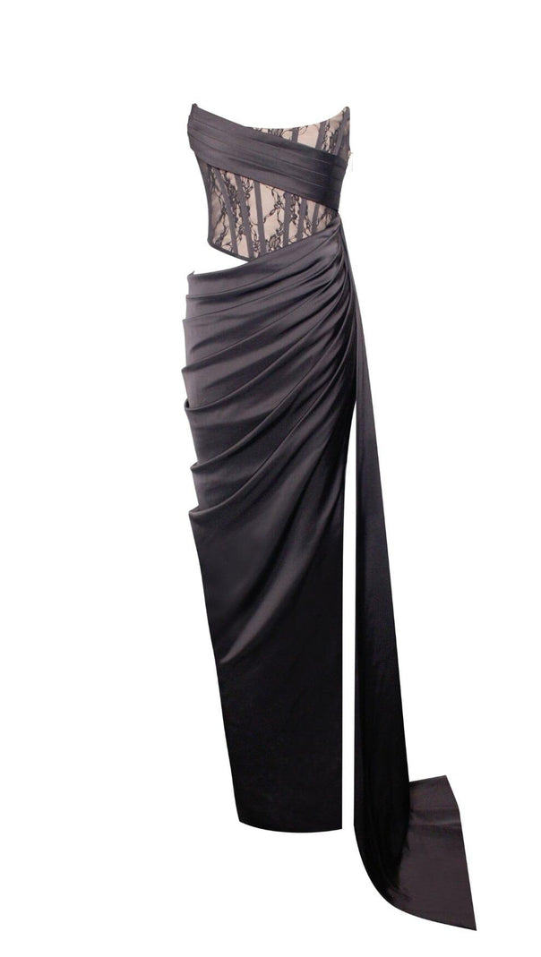AIIZIE CORSET SATIN PLEATED MAXI DRESS IN BLACK - product image