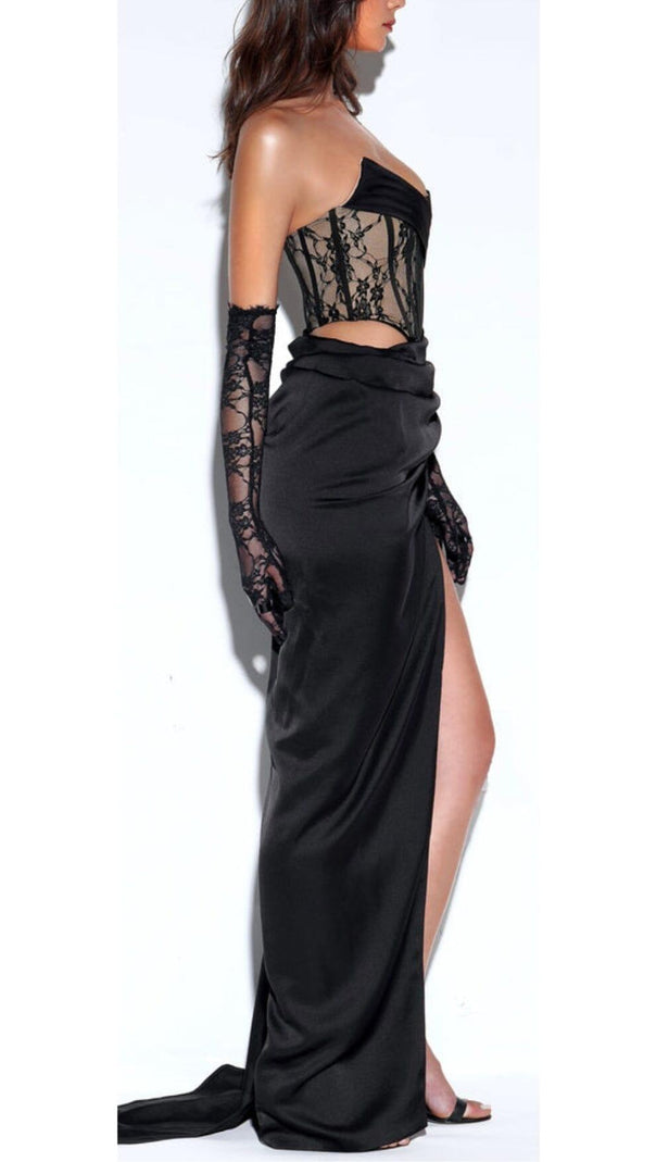 AIIZIE CORSET SATIN PLEATED MAXI DRESS IN BLACK - product image