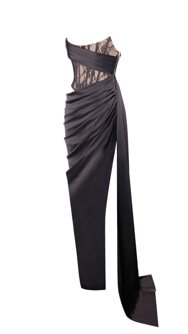 AIIZIE CORSET SATIN PLEATED MAXI DRESS IN BLACK - product image