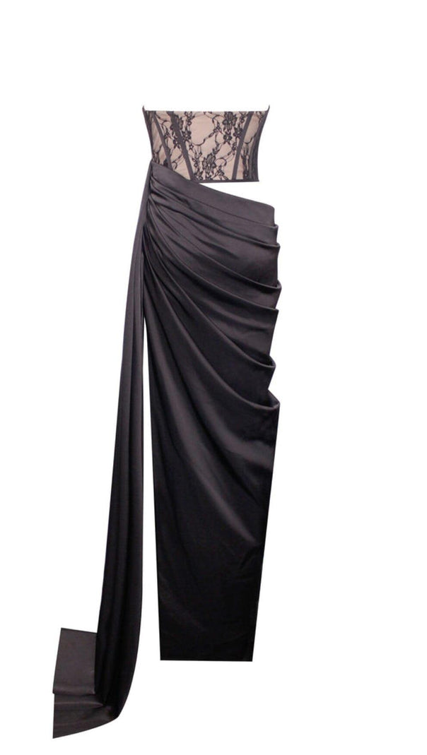AIIZIE CORSET SATIN PLEATED MAXI DRESS IN BLACK - product image