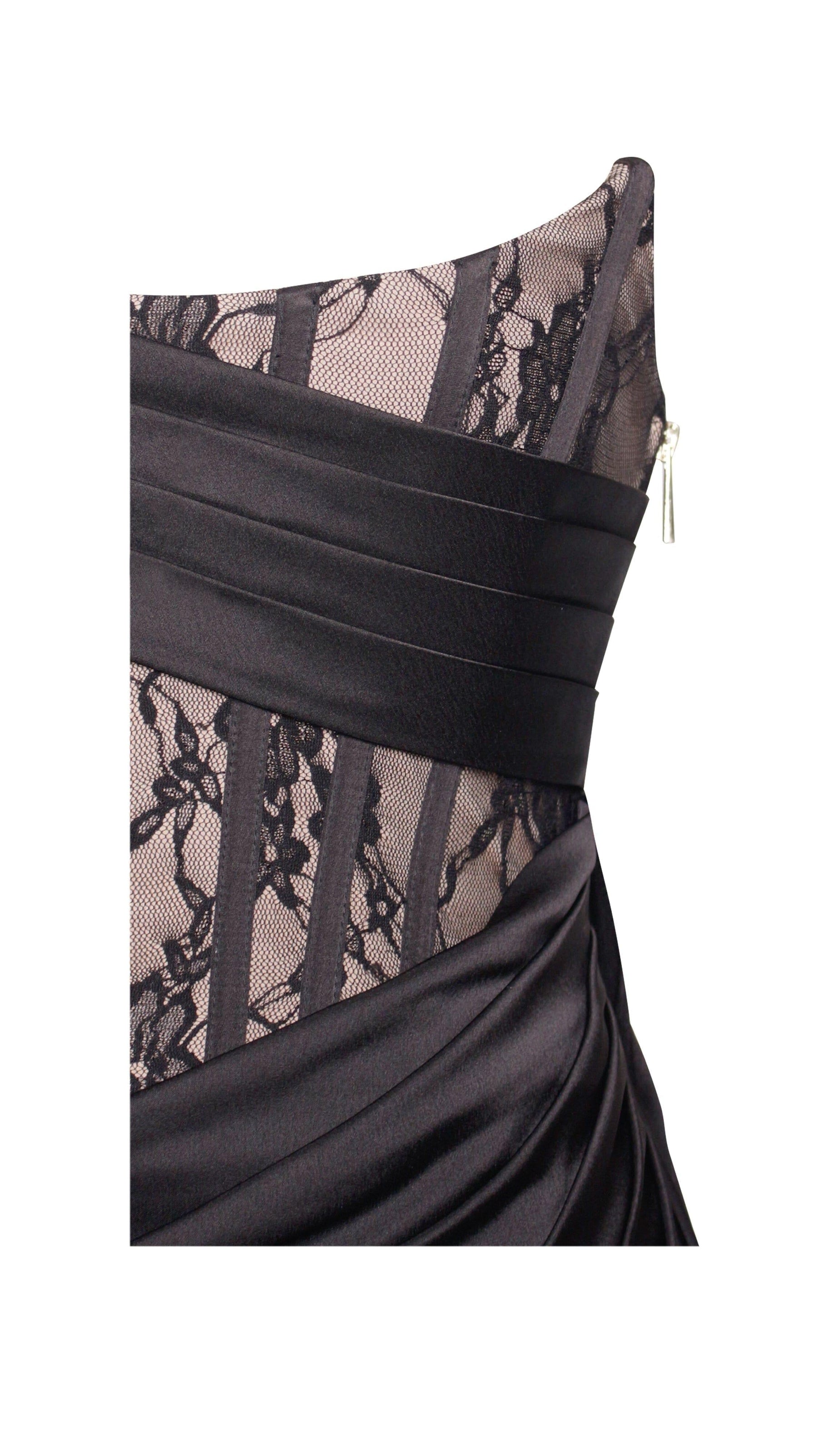 AIIZIE CORSET SATIN PLEATED MAXI DRESS IN BLACK - product image