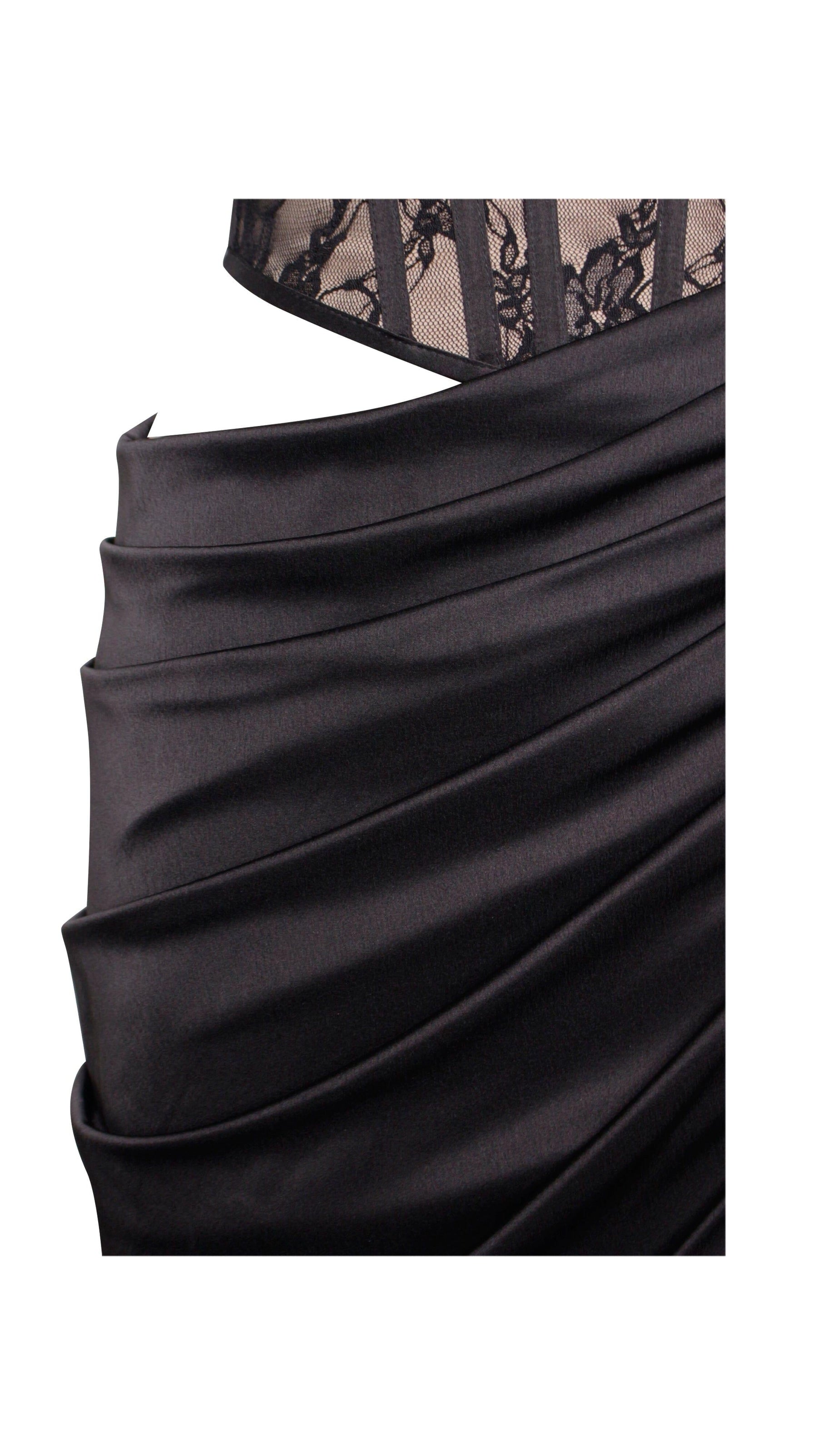 AIIZIE CORSET SATIN PLEATED MAXI DRESS IN BLACK - product image