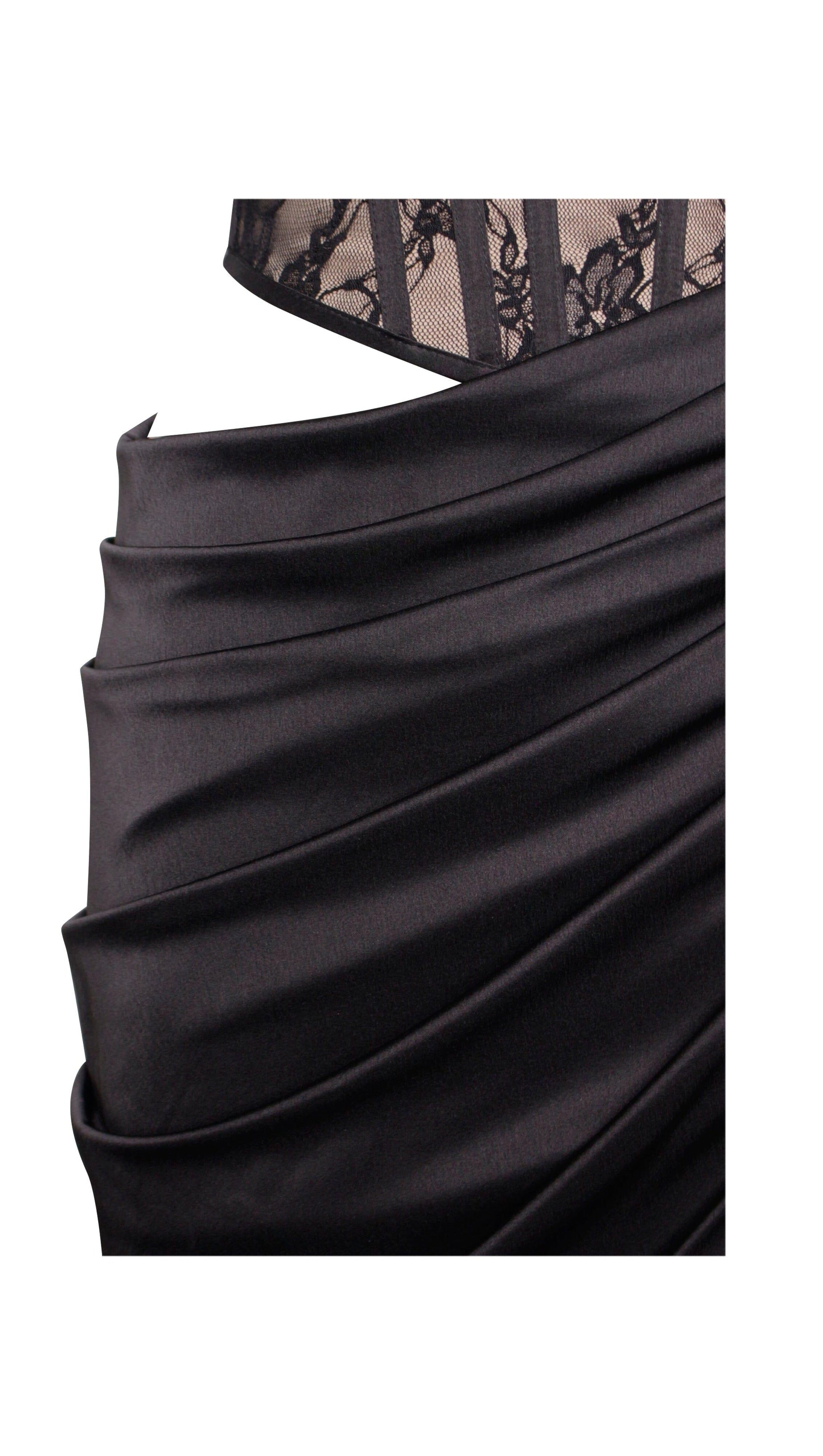 KORSETT-MAXIKLEID AUS SATIN MIT PLISSEE IN SCHWARZ 