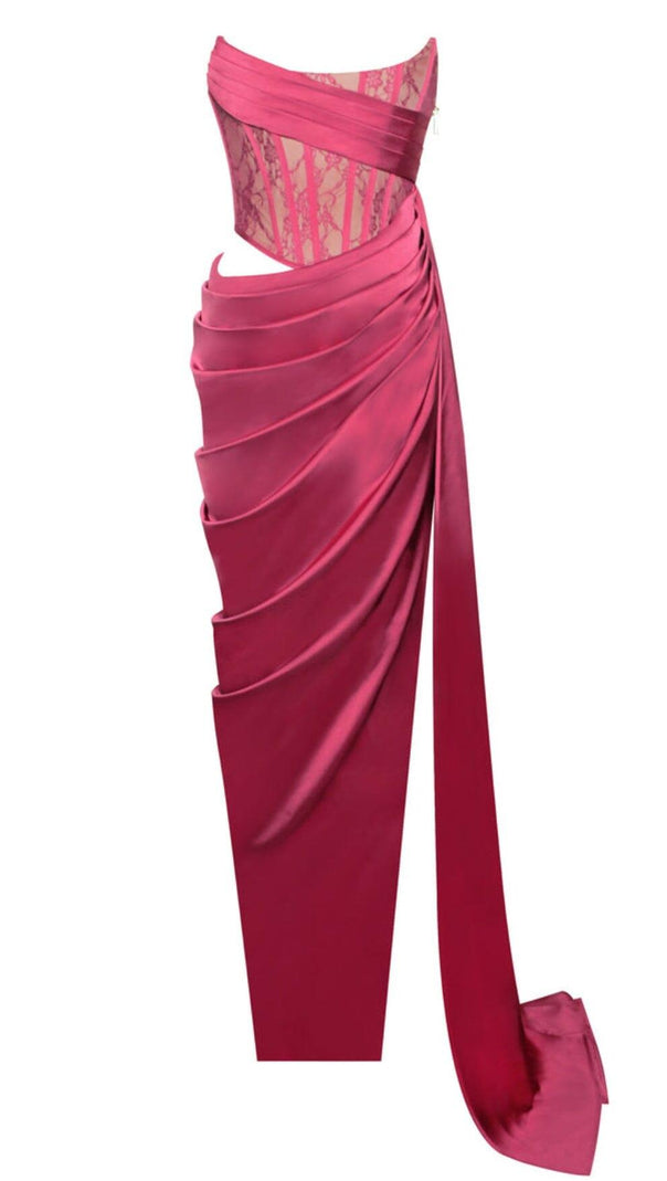 AIIZIE CORSET SATIN PLEATED MAXI DRESS IN RED - product image