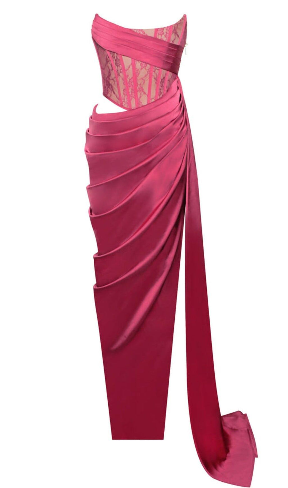 CORSET SATIN PLEATED MAXI DRESS IN RED