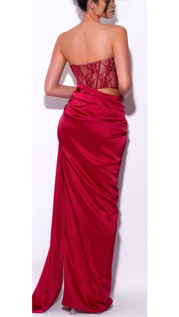 AIIZIE CORSET SATIN PLEATED MAXI DRESS IN RED - product image