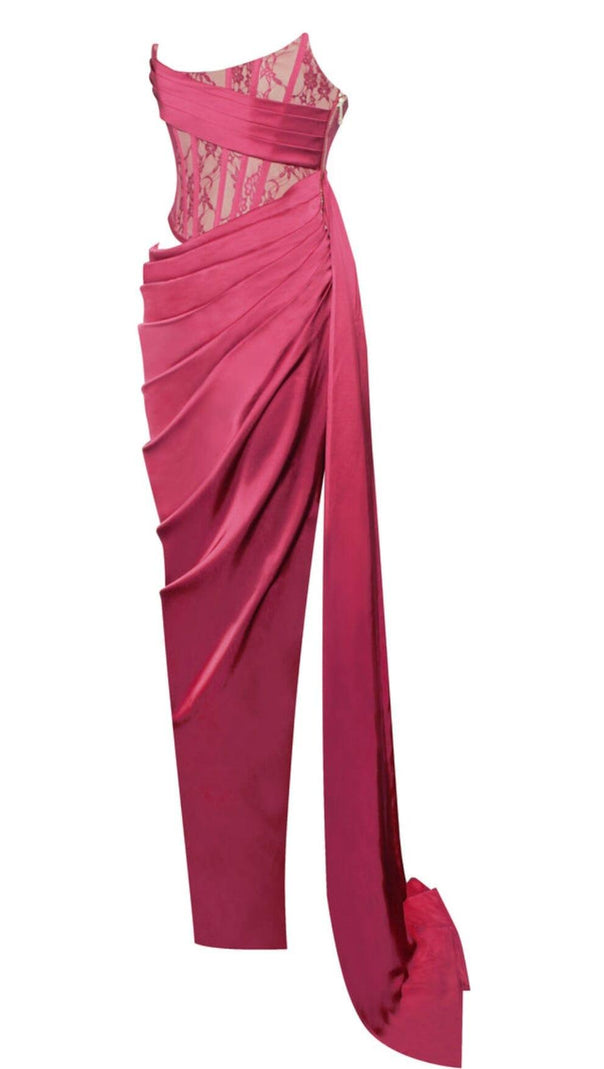 AIIZIE CORSET SATIN PLEATED MAXI DRESS IN RED - product image