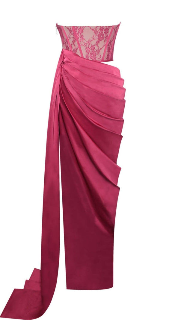 AIIZIE CORSET SATIN PLEATED MAXI DRESS IN RED - product image