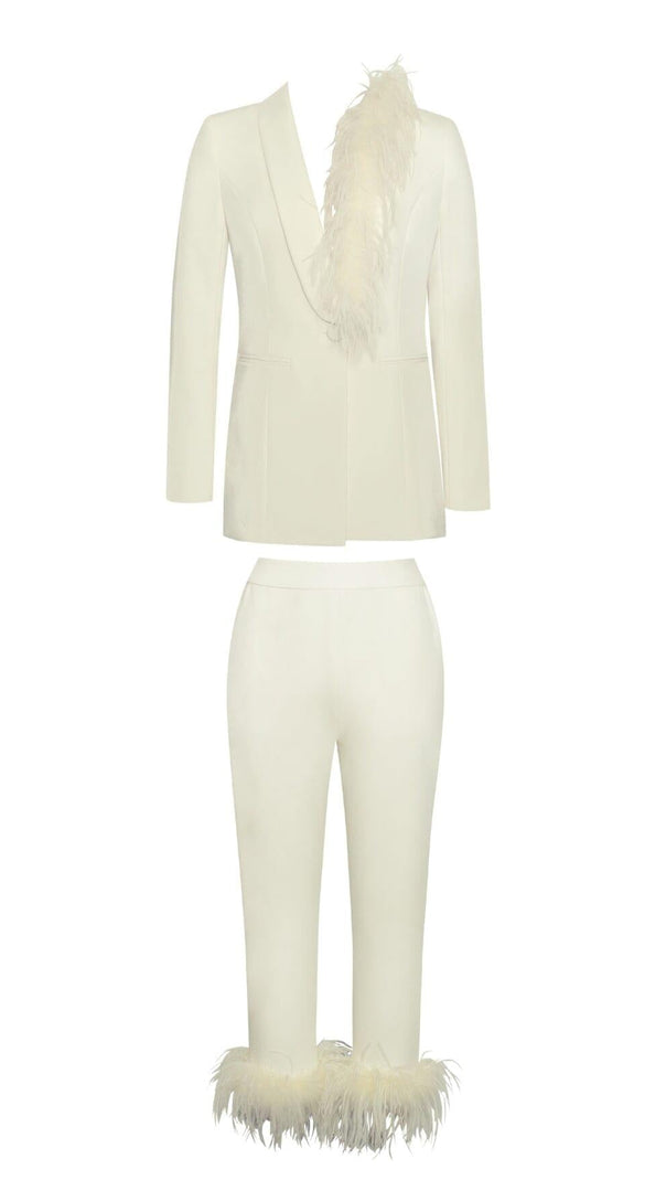 AIIZIE CREAM WHITE BLAZER SUIT WITH FEATHER TRIM - product image