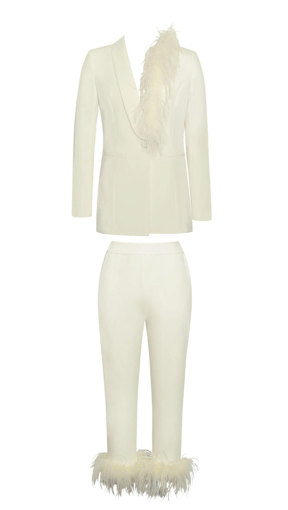 CREAM WHITE BLAZER SUIT WITH FEATHER TRIM