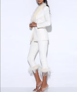 CREAM WHITE BLAZER SUIT WITH FEATHER TRIM