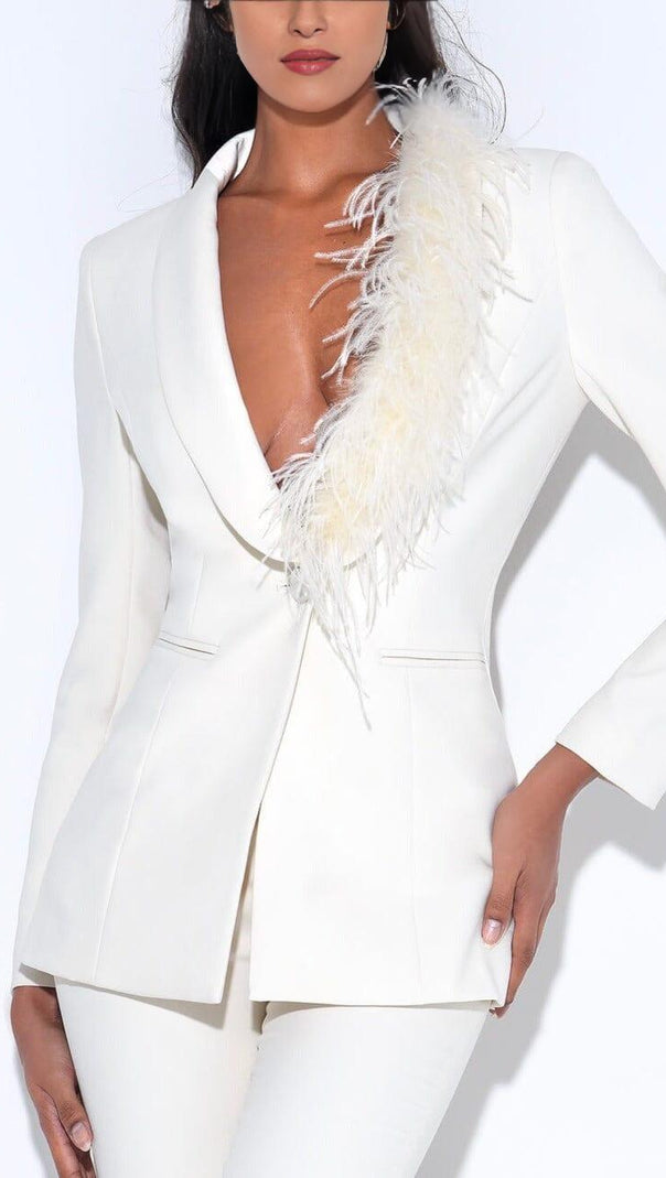 AIIZIE CREAM WHITE BLAZER SUIT WITH FEATHER TRIM - product image