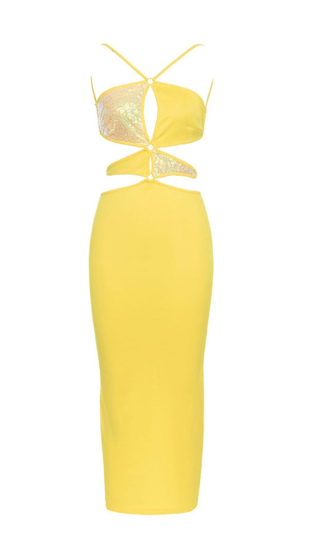AIIZIE CRISSCROSS HALTERNECK CUTOUT MIDI DRESS IN YELLOW - product image