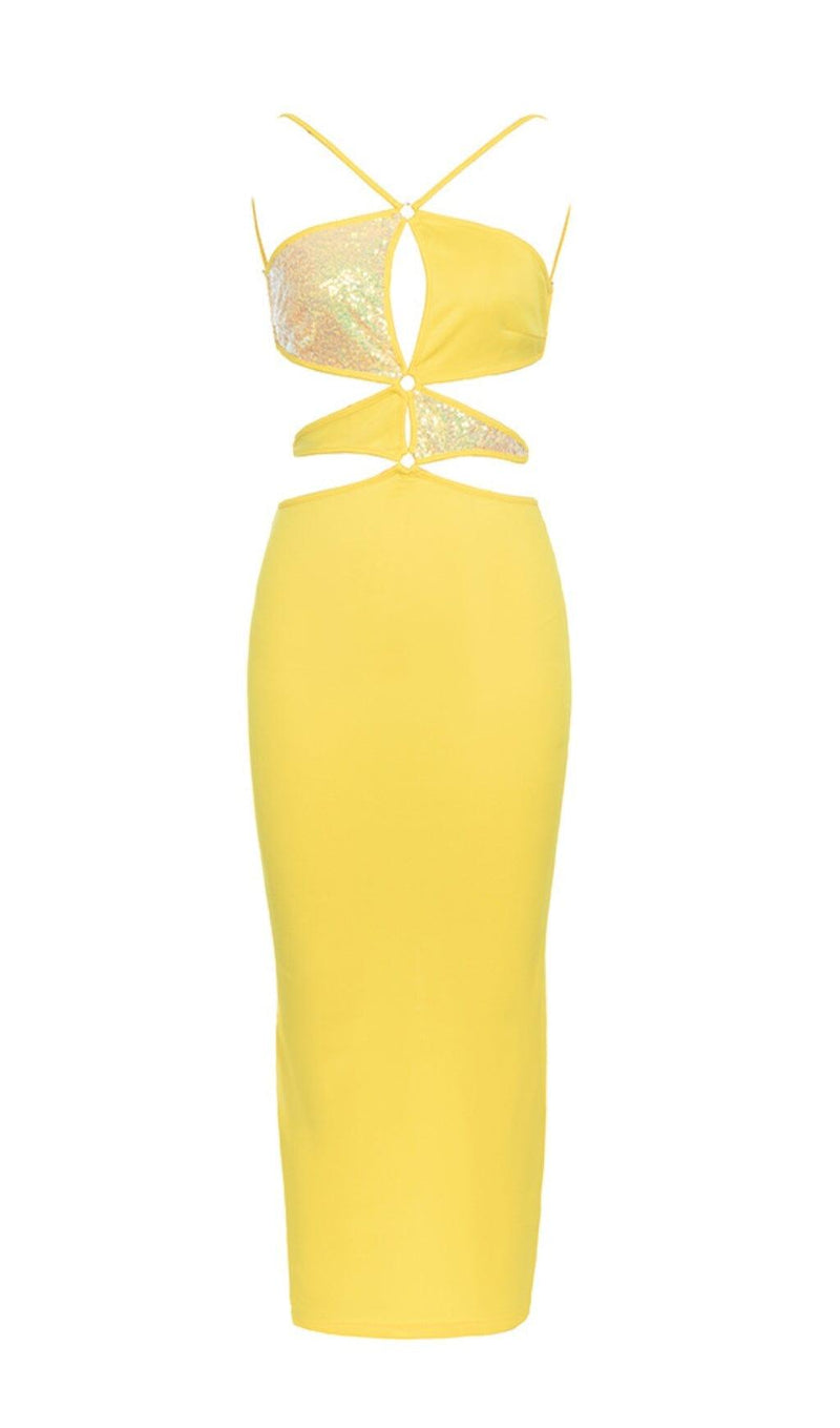 CRISSCROSS HALTERNECK CUTOUT MIDI DRESS IN YELLOW