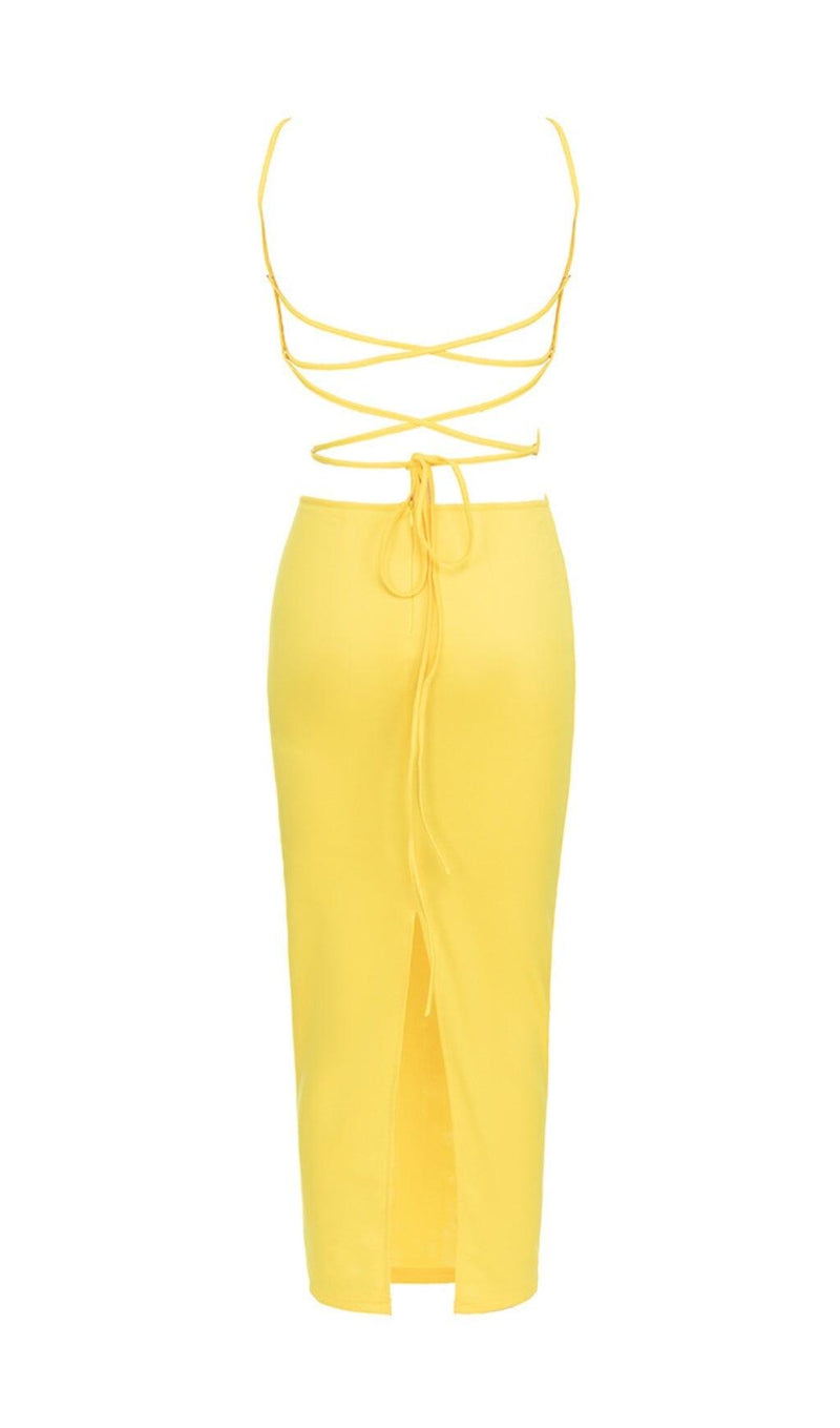 CRISSCROSS HALTERNECK CUTOUT MIDI DRESS IN YELLOW