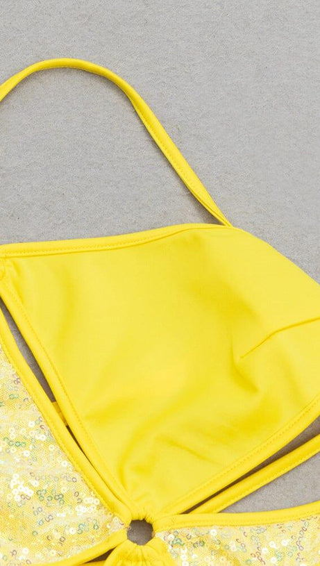 CRISSCROSS HALTERNECK CUTOUT MIDI DRESS IN YELLOW