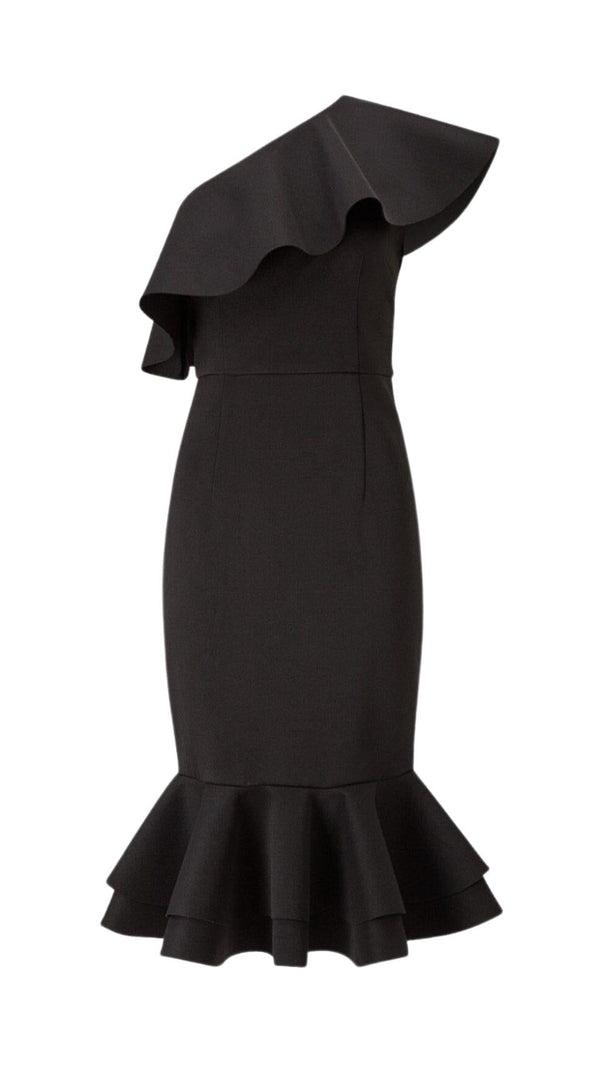 AIIZIE CROSS-SHOULDER RUFFLED FISHTAIL DRESS IN BLACK - product image