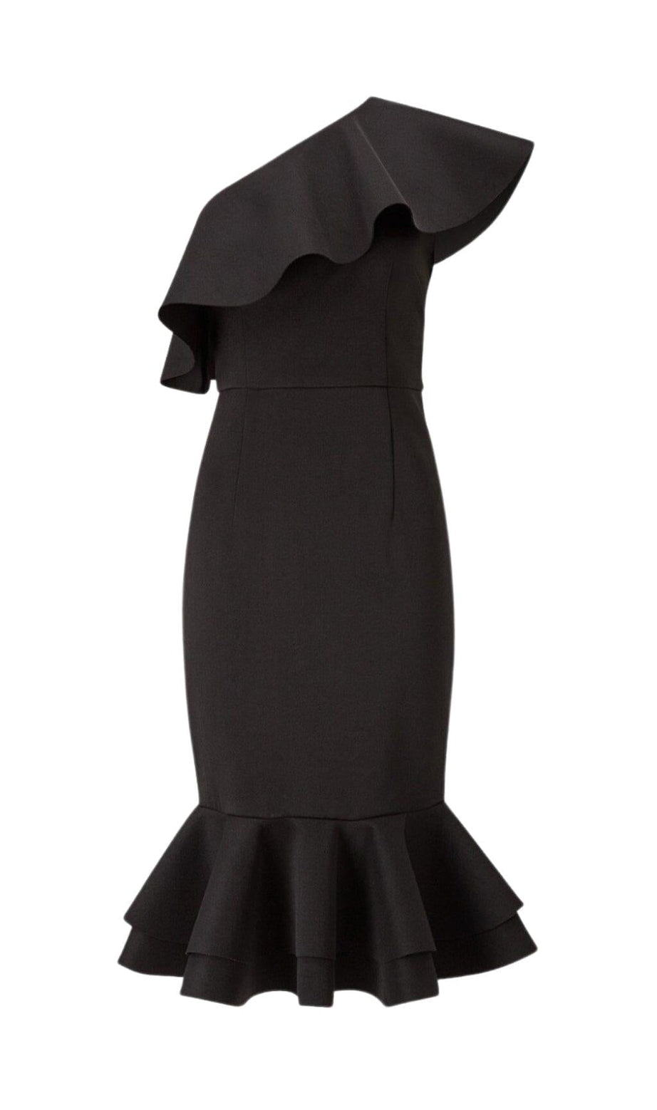 SCHWARZES KLEID MIT ÜBERKREUZTEN SCHULTERN UND RÜSCHEN