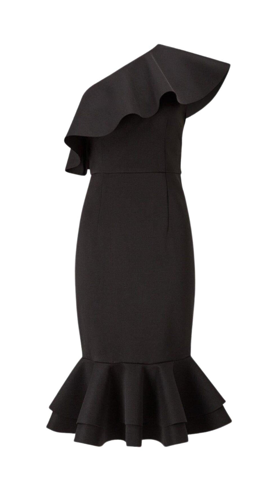 CROSS-SHOULDER RUFFLED FISHTAIL DRESS IN BLACK