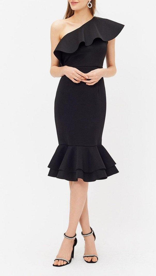 AIIZIE CROSS-SHOULDER RUFFLED FISHTAIL DRESS IN BLACK - product image