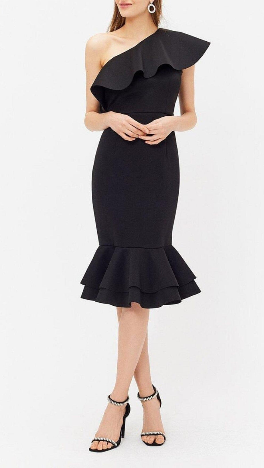 CROSS-SHOULDER RUFFLED FISHTAIL DRESS IN BLACK